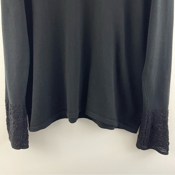 AKRIS PUNTO Women’s Black Cotton V Neck Casual Crochet Bell Sleeve Sweater - Picture 3 of 9